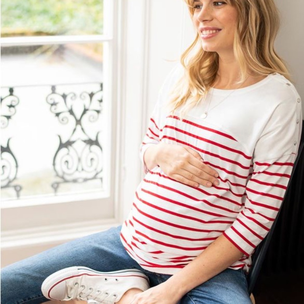 Seraphine Red & White Striped Cotton Maternity & Nursing Top Size 14